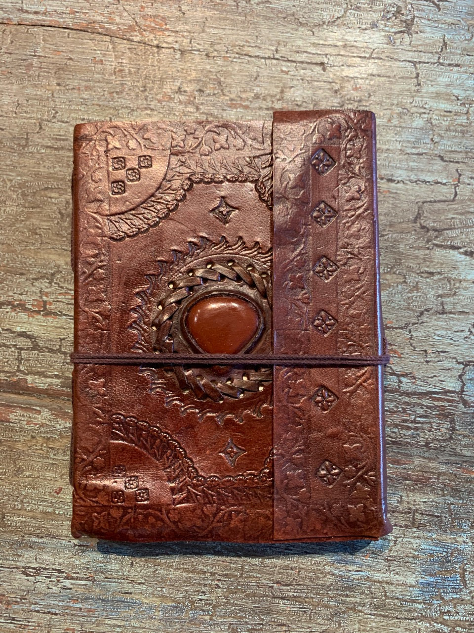 Small Handmade leather journal with stone
