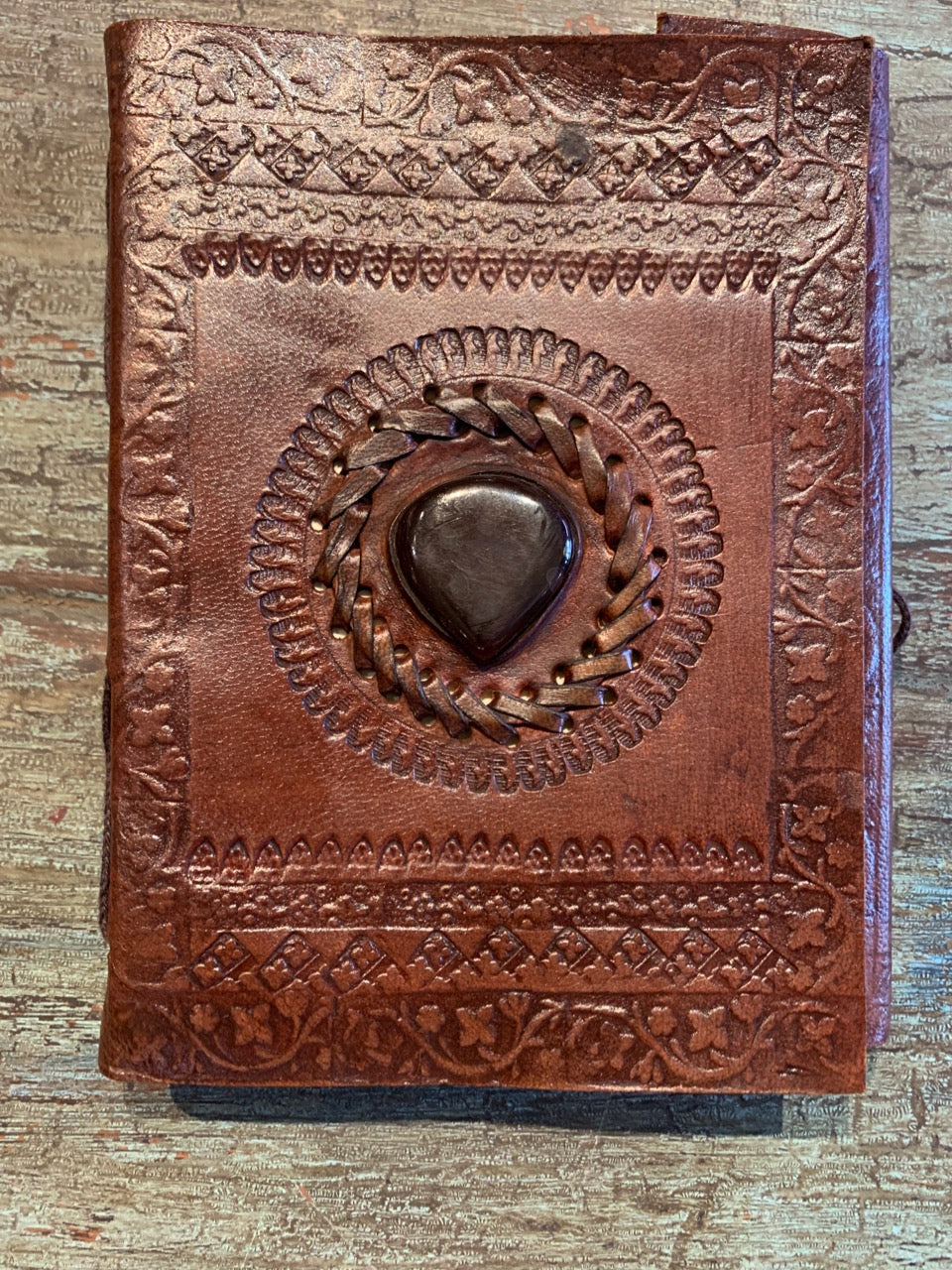 Small Handmade leather journal with stone