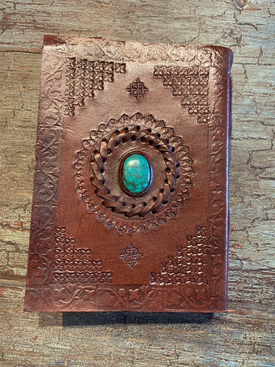 Small Handmade leather journal with stone